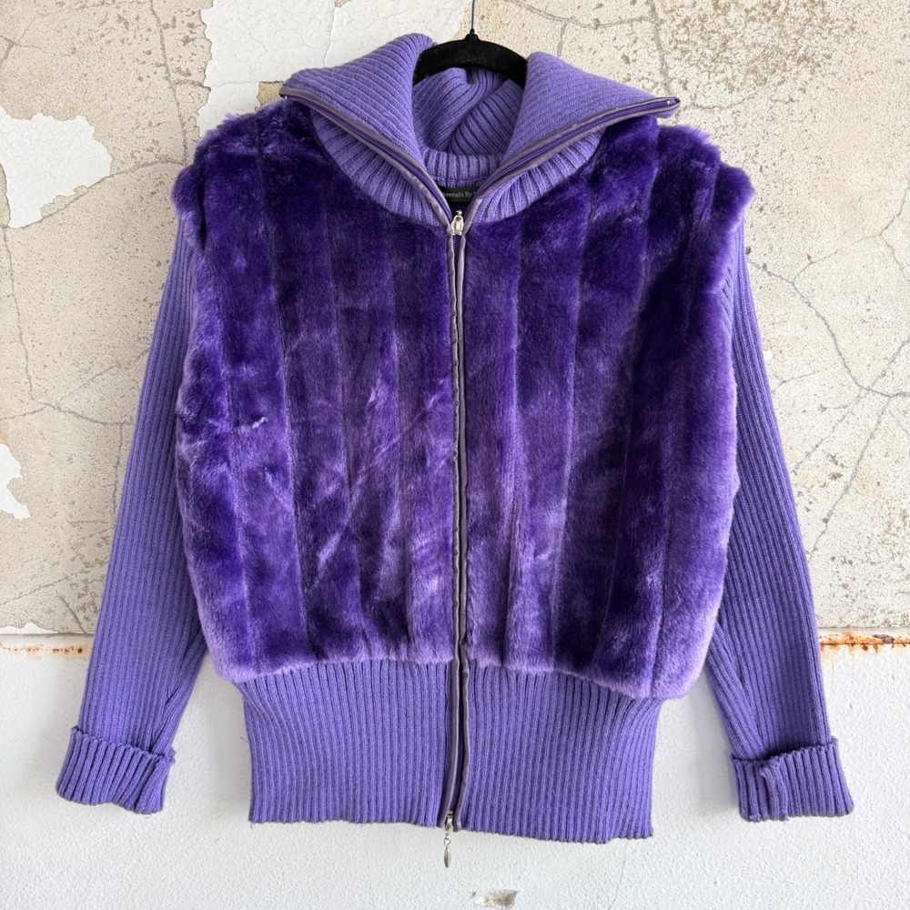 Y2K Faux Fur Cardigan Sweater Full‎ Zip Ribbed Knit Purple Womens XL Maximalist